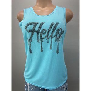WOMEN Tank Top Shirt Sleeveless Yoga Top Rhinestone Light Blue S/M